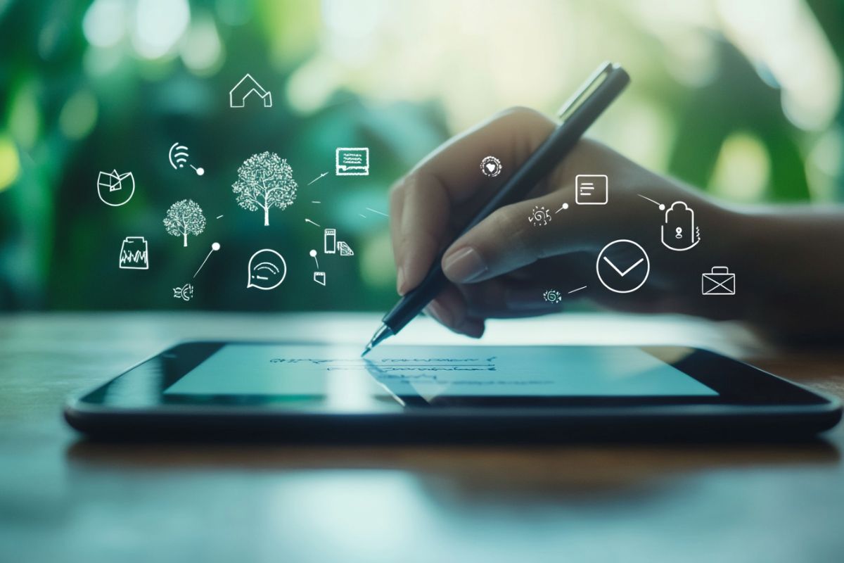 The person is using a digital signature when signing contracts.