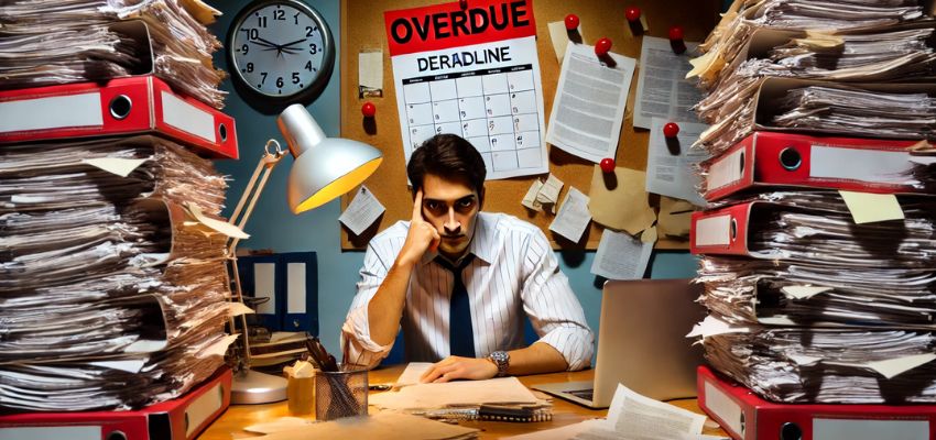 The man has a lot of paperwork because of making mistakes in managing the contract.