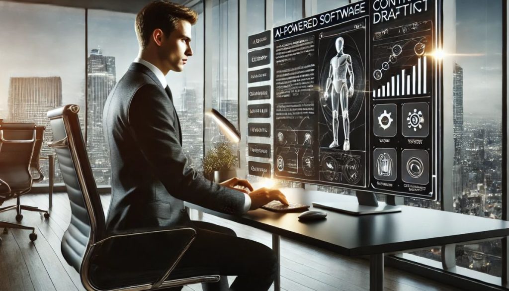 The man uses AI contract drafting to help businesses draft, review, and finalize contracts.