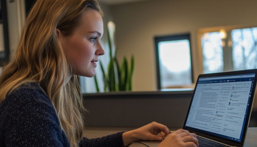 The woman is using a cloud-based contract management.