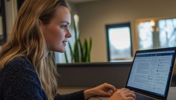 The woman is using a cloud-based contract management.