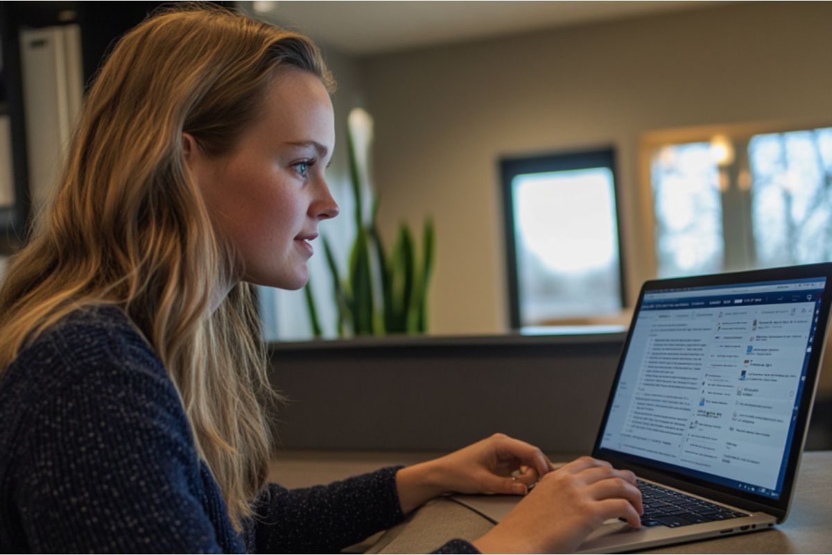 The woman is using a cloud-based contract management.