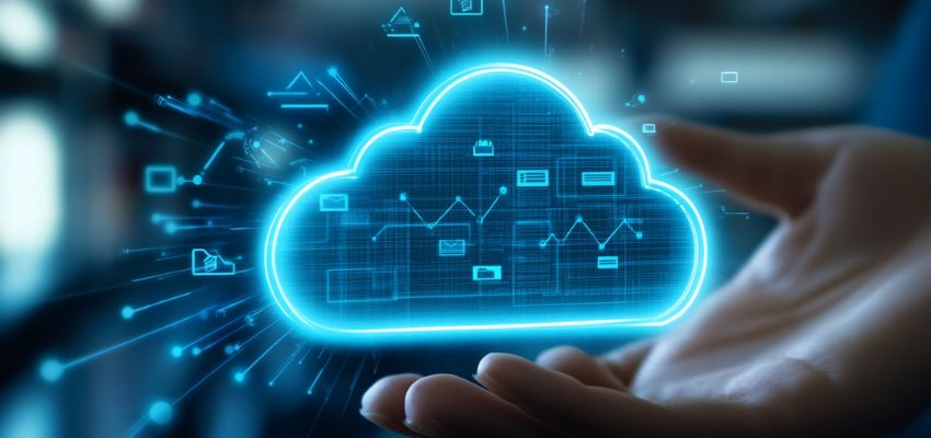 The graphic shows cloud-based contract management.