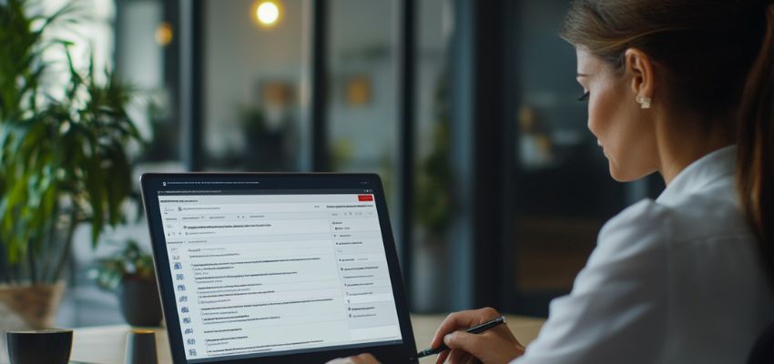 The woman studies how contract management lifecycle flows.