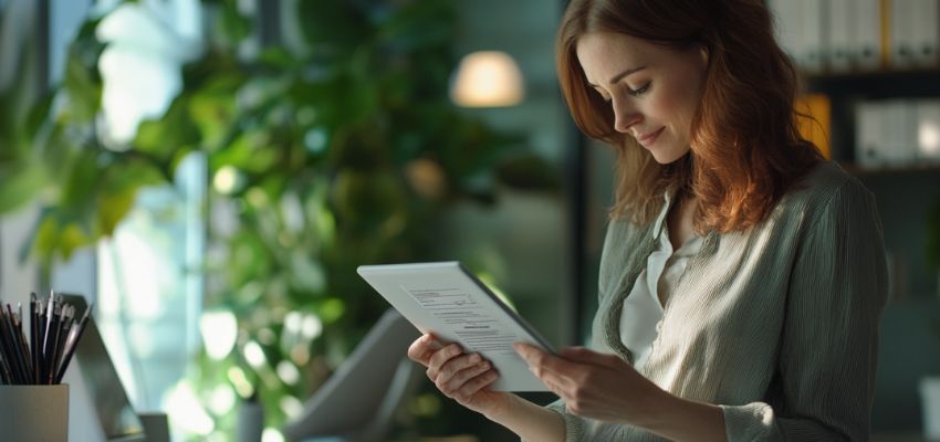 The woman reads instructions on how to use the E-sign platform.