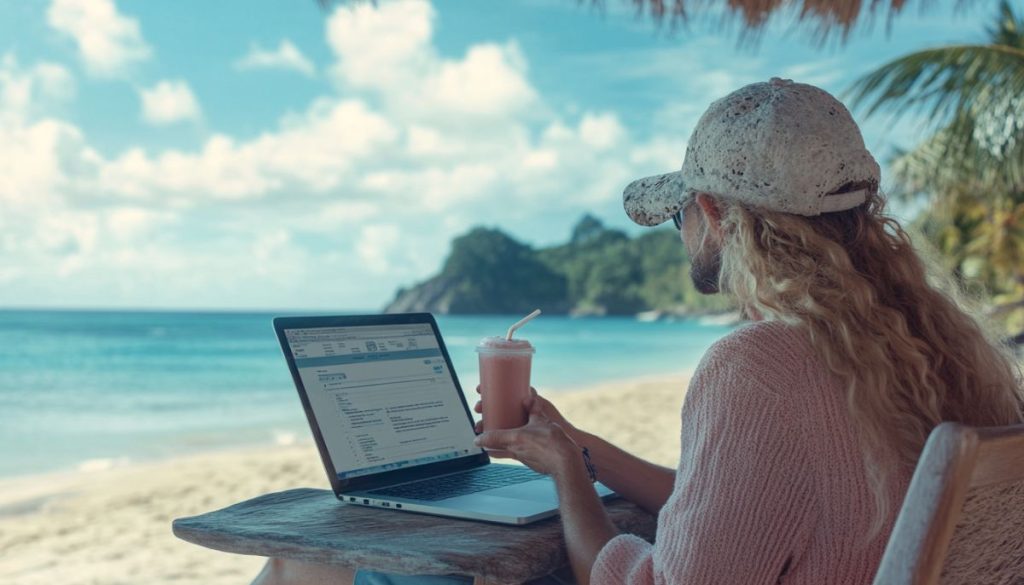 The man uses a tool to create an online form with a signature while on vacation.