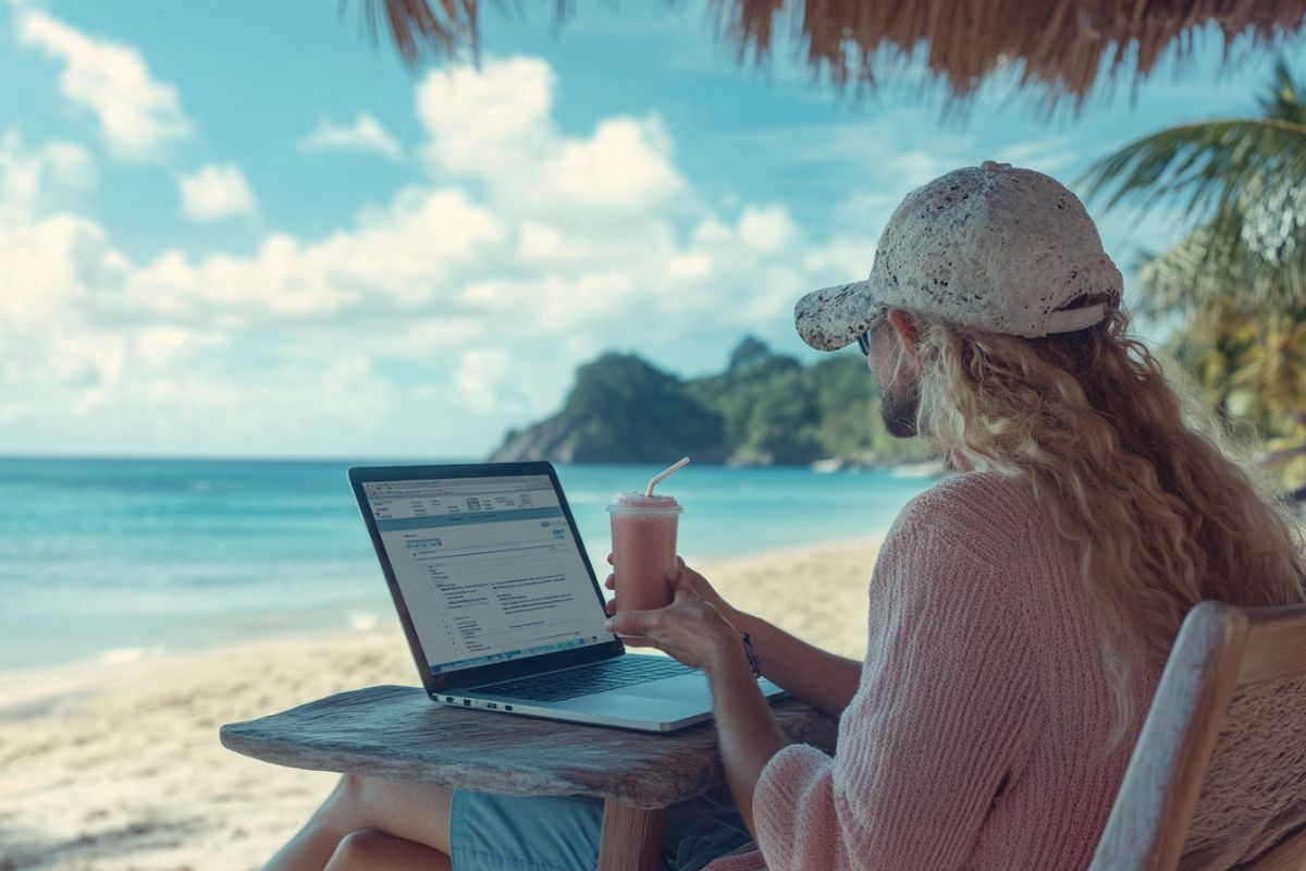 The man uses a tool to create an online form with a signature while on vacation.