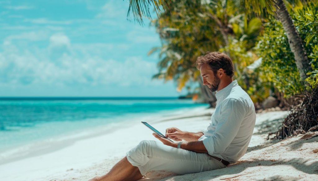 The man signs the document using an application while on vacation.