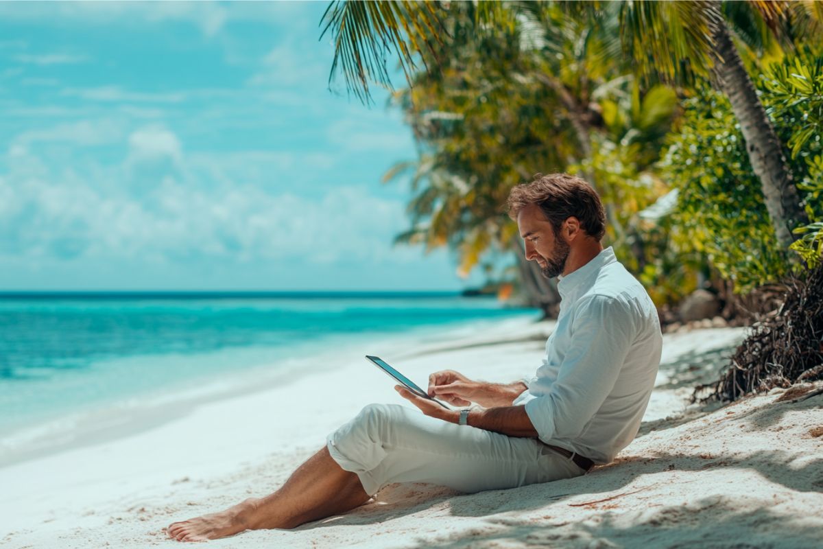 The man signs the document using an application while on vacation.