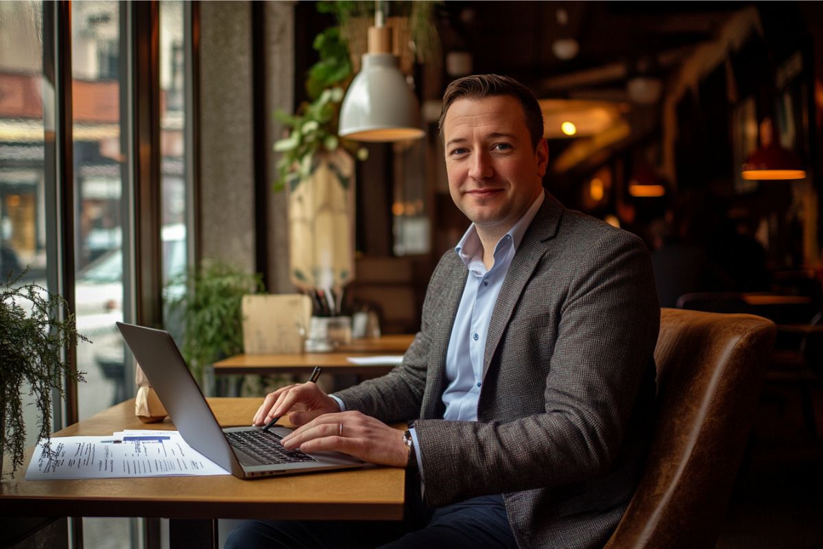 A businessman in Germany uses an e-signature tool to sign digital contracts.