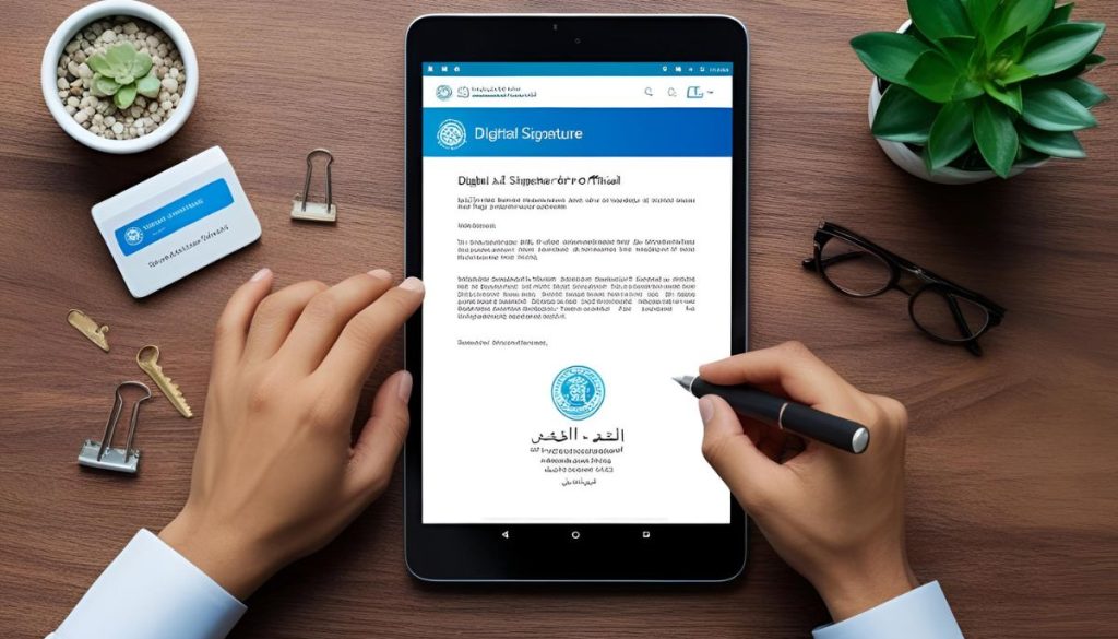 A businessman in Saudi Arabia signs a digital contract.