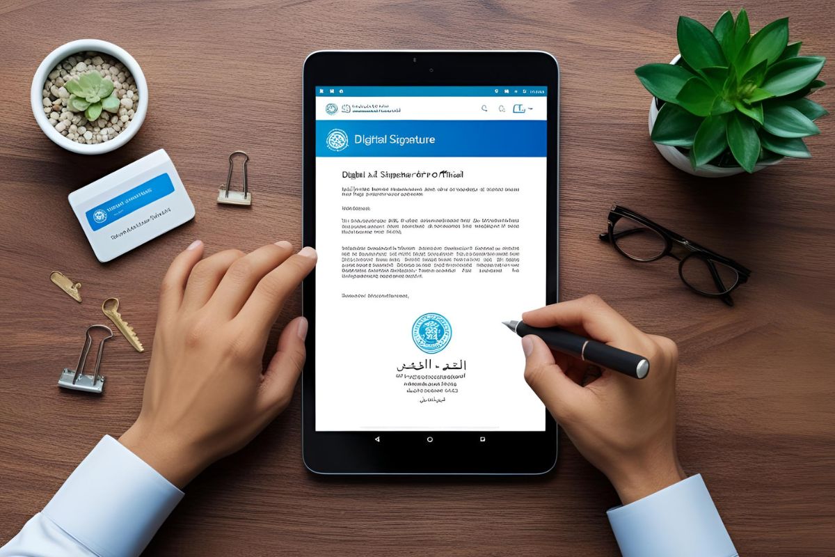 A businessman in Saudi Arabia signs a digital contract.