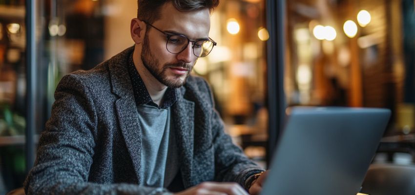 man working on documents in a coffee shop