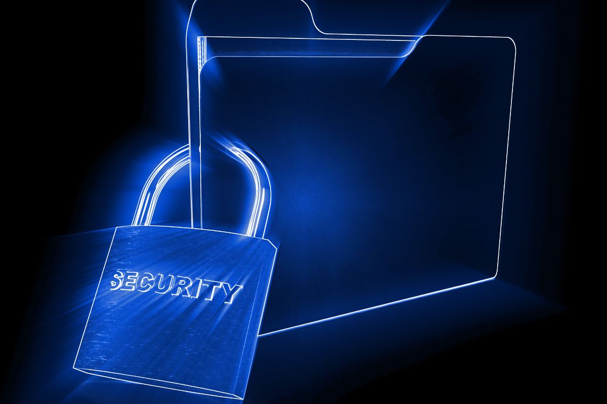 Visual representation of what is file encryption with a neon blue folder and a padlock labeled security, highlighting data safety.