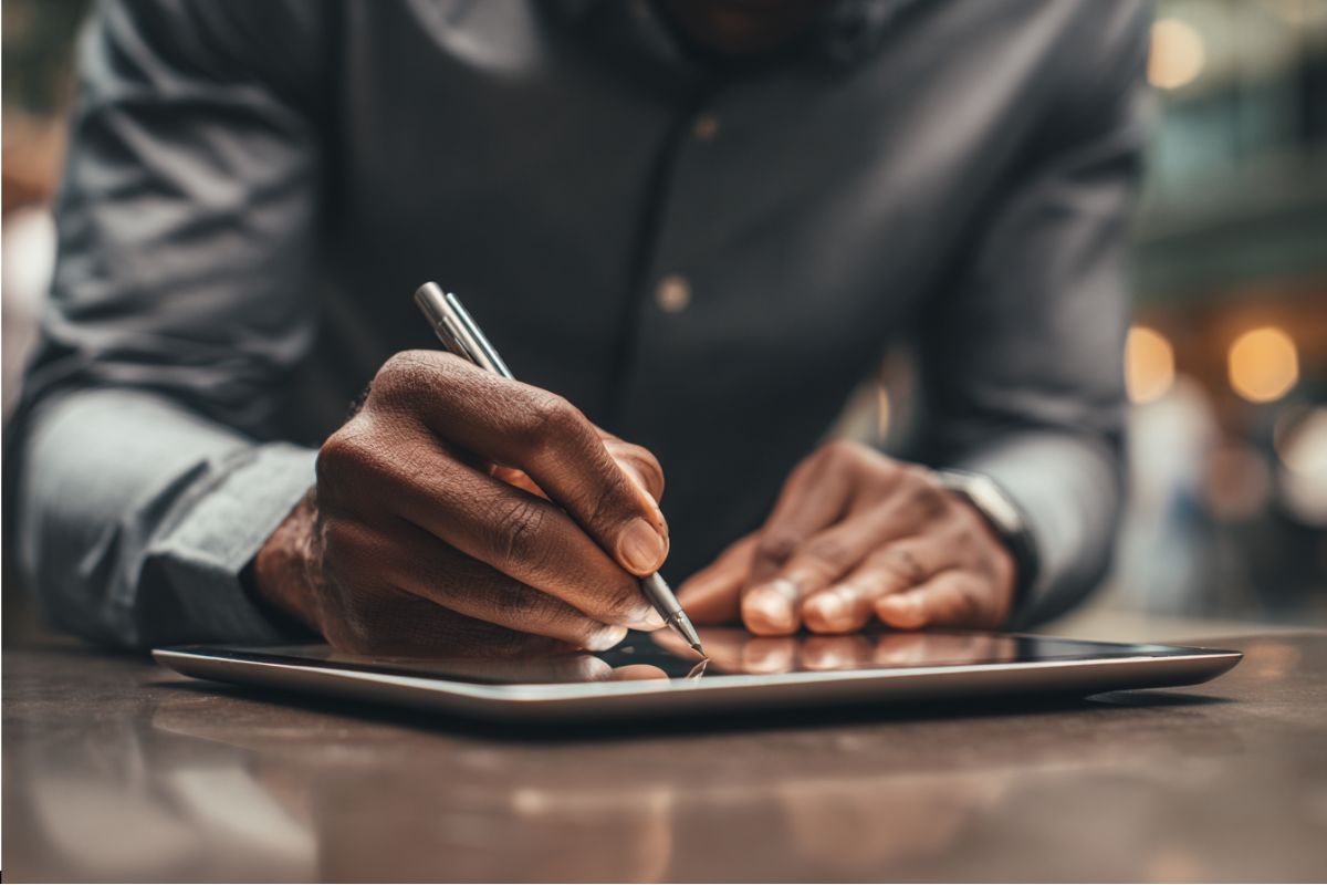 The man signed a digital contract via customized electronic signing.
