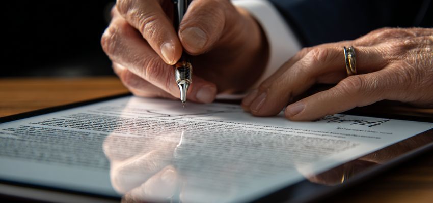 Close-up of hand signing a contract digitally showing duly signed meaning in practice