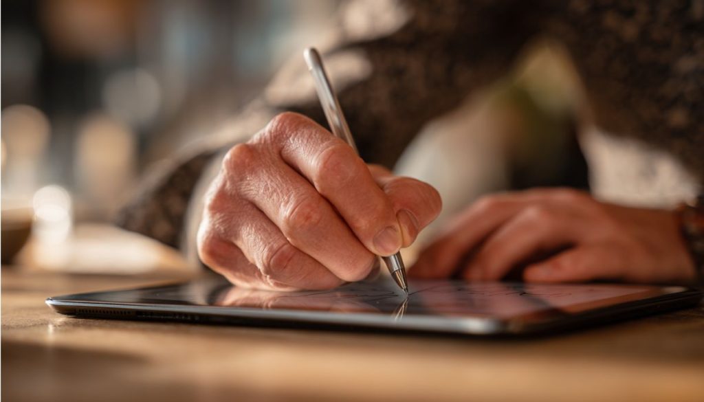 Business professional signing a document on a tablet illustrating duly signed meaning