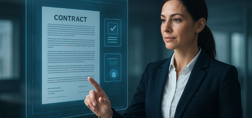 Businesswoman managing OCR contract through a digital interface for automated document processing.