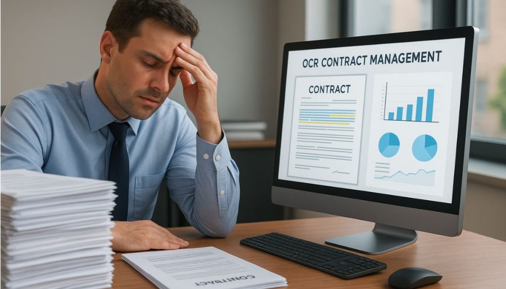 Employee overwhelmed by OCR contract management tasks, reviewing paper and digital contract data.