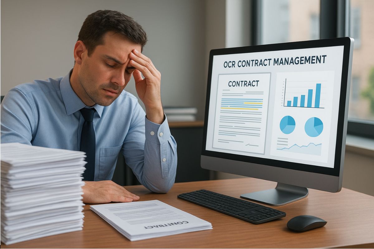 Employee overwhelmed by OCR contract management tasks, reviewing paper and digital contract data.