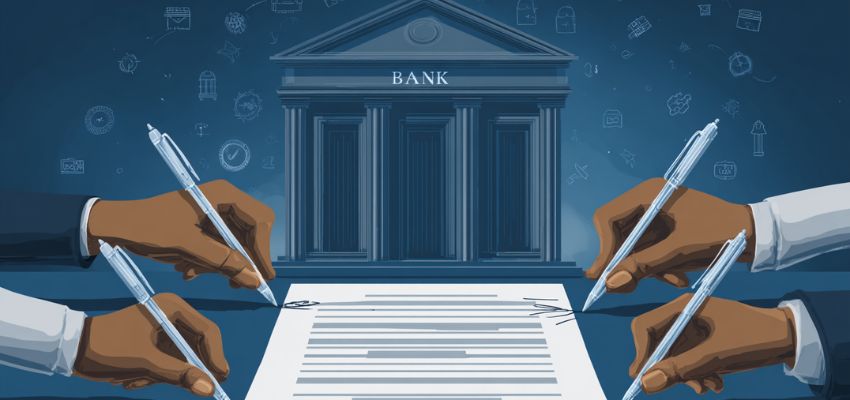 Several hands signing a document with a bank illustration in the background — explaining signatories meaning in financial agreements.