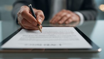 Business professional signing a valid contract displayed on a digital tablet in an office setting.