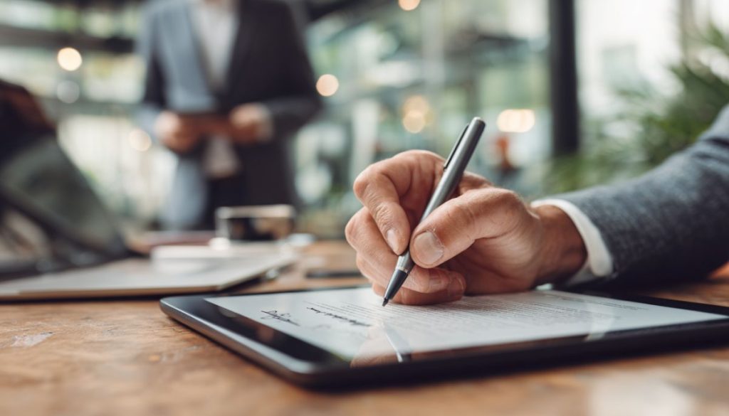 Close-up of a man signing a digital document on a tablet as an authorized signatory.