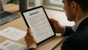 Man reviewing a digital contract on a tablet during a contract negotiation process.