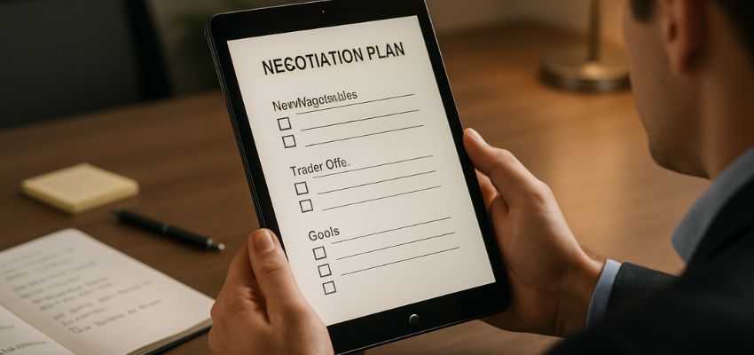 Business professional holding a tablet with a negotiation plan displayed, preparing for contract negotiation.