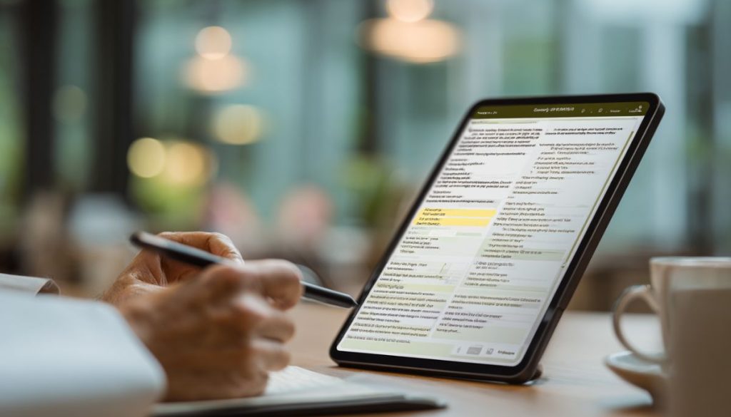 Person reviewing detailed terms on a tablet while taking notes, representing the process of understanding contract termination requirements.