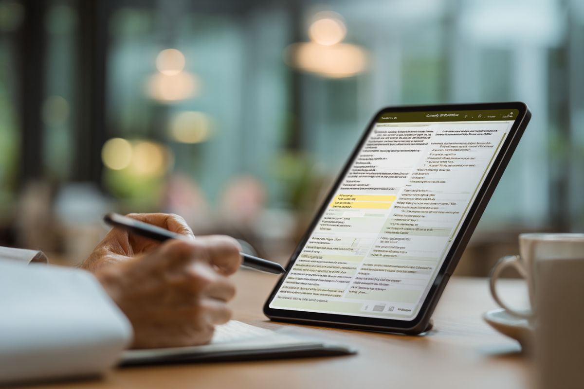 Person reviewing detailed terms on a tablet while taking notes, representing the process of understanding contract termination requirements.