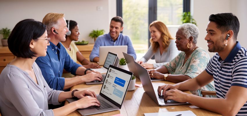 Diverse group of professionals around a conference table working on laptops with chat interfaces open, conducting collaborative contract analysis during a team meeting.