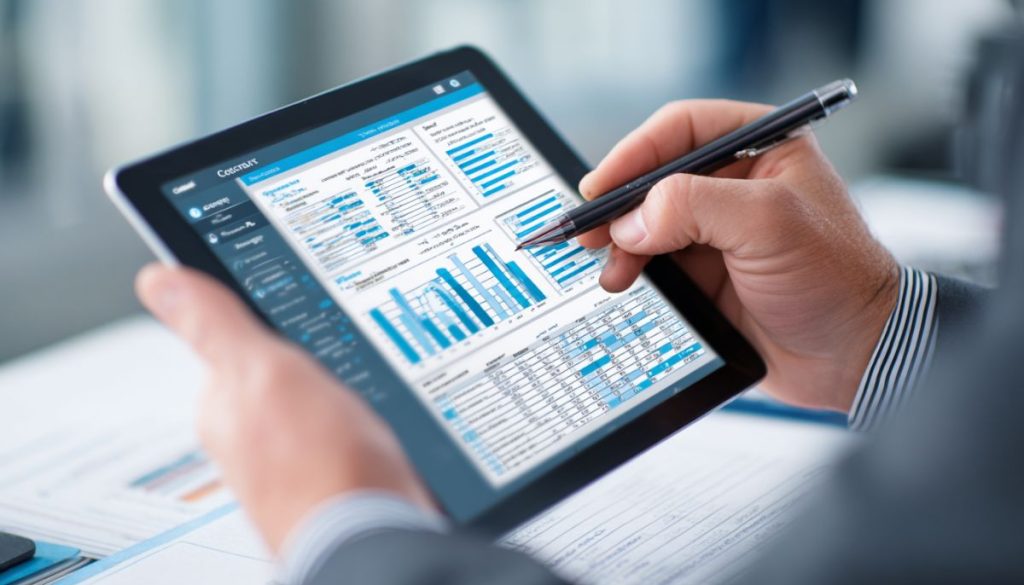 Business professional using a stylus to annotate detailed financial reports and bar charts on a tablet, performing thorough contract auditing for compliance and accuracy.
