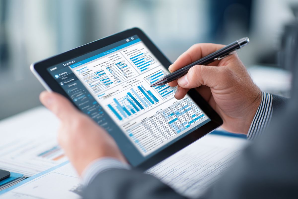Business professional using a stylus to annotate detailed financial reports and bar charts on a tablet, performing thorough contract auditing for compliance and accuracy.