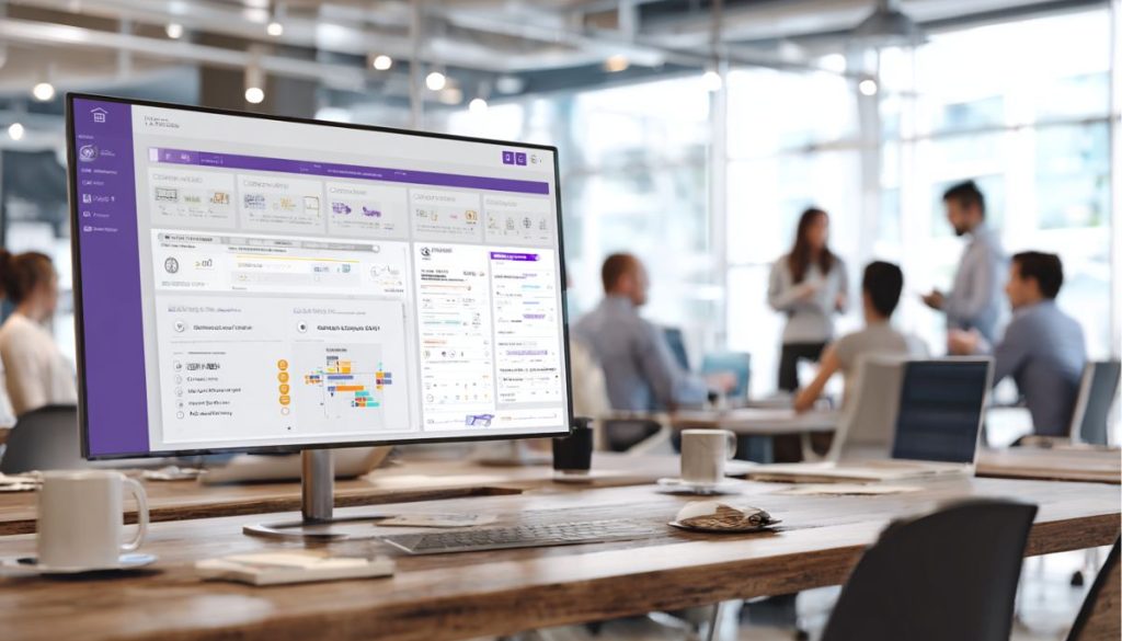 Widescreen monitor in a contemporary workspace displaying a comprehensive dashboard with task lists, timelines, and contract sections, representing intuitive contract collaboration software used by a busy team.