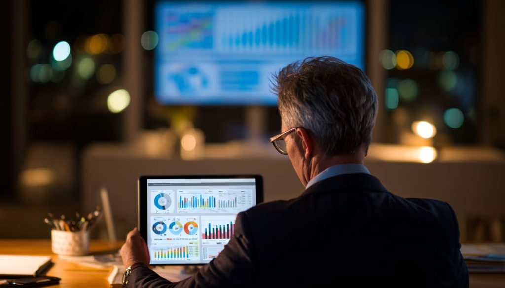 Senior businessman in a dark office intently studying financial graphs and KPI dashboards on a tablet late at night, highlighting ongoing struggles caused by poor asset management and inefficient resource allocation.