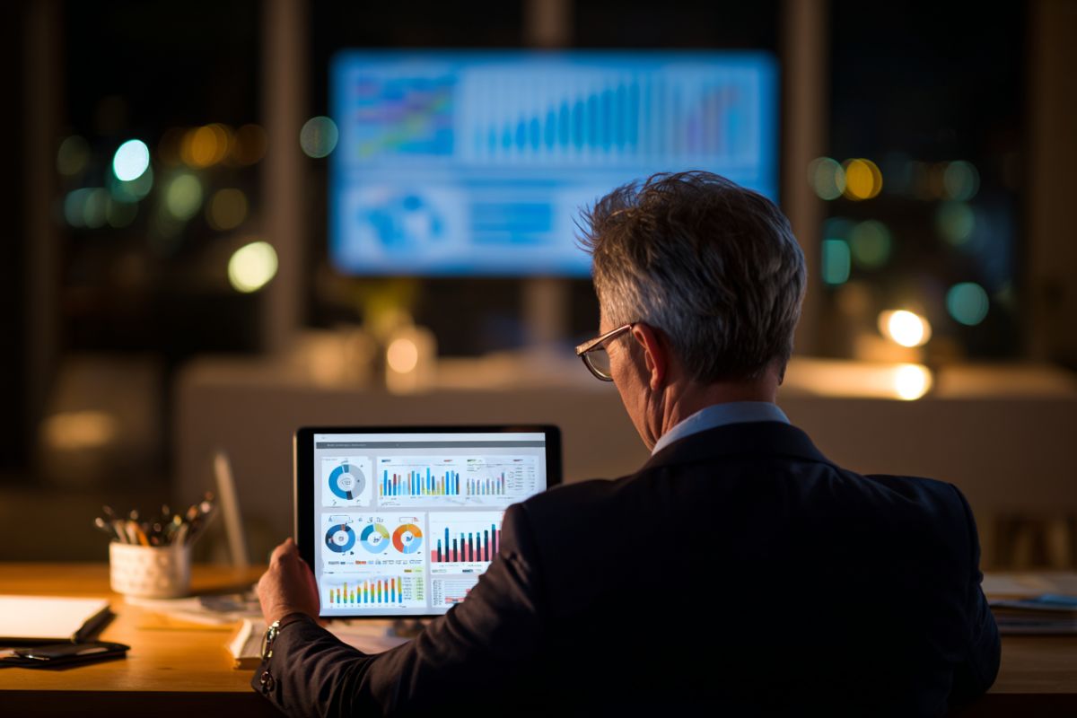 Senior businessman in a dark office intently studying financial graphs and KPI dashboards on a tablet late at night, highlighting ongoing struggles caused by poor asset management and inefficient resource allocation.