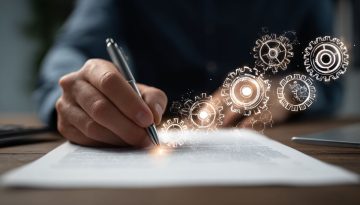 Close-up of a hand signing a document with digital gears overlay, symbolizing post contract management and workflow optimization.