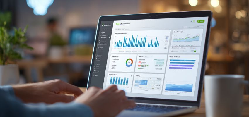 Professional using contract management tools on a laptop, displaying a comprehensive dashboard with bar charts for transaction volumes, line graphs for trends, pie charts for breakdowns, progress bars, and key performance metrics in a modern analytics interface focused on contract oversight and reporting.