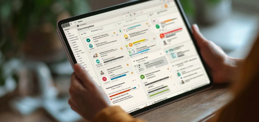 Person viewing contract management tools on a tablet, showing a grid-based dashboard filled with colorful cards, status indicators, icons for notifications, progress trackers, user profiles, task lists, and interactive elements for managing contracts, obligations, and team collaboration in a streamlined workflow view.