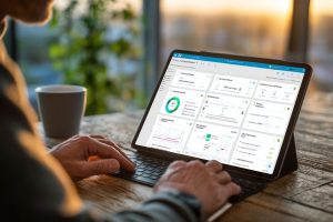Business professional accessing contract management tools on a tablet in landscape mode, featuring an organized dashboard with circular progress indicators, line charts for performance trends, client summaries, status badges, financial metrics, and searchable panels for tracking contracts, renewals, and compliance in a real-time business environment with a coffee cup nearby.