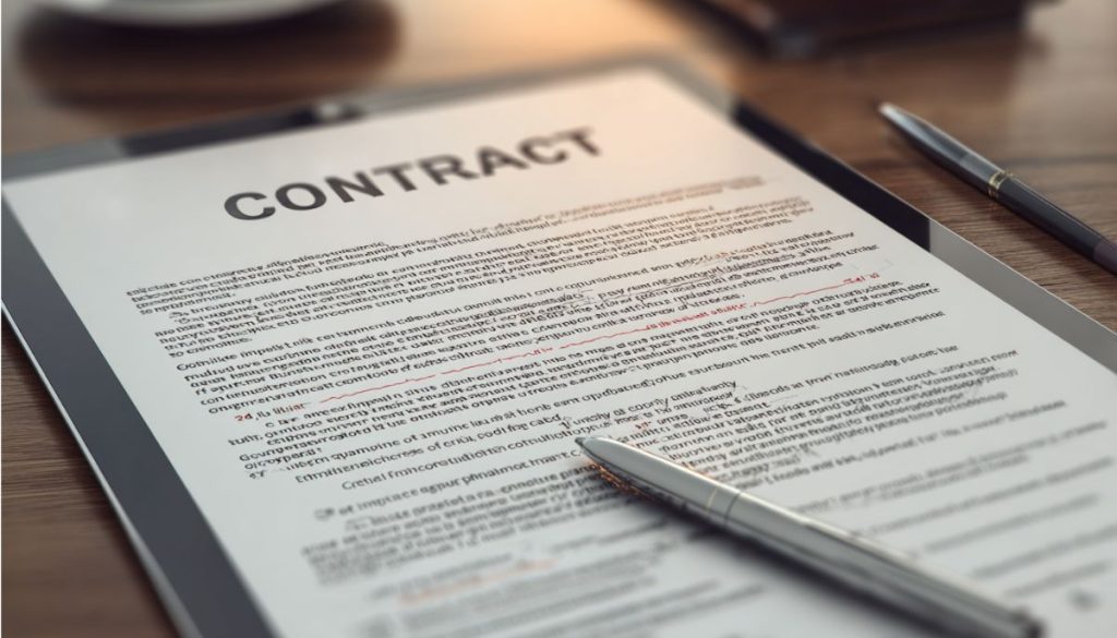 Tablet resting on a desk showing a formal contract document titled 'CONTRACT' with highlighted and annotated sections, depicting the careful review process involved in an indemnification agreement, with a pen ready for signatures or notes.