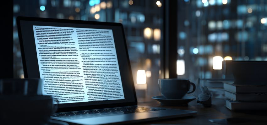 Close-up of a tablet screen showing legal contract text illuminated by soft blue background lights, illustrating the detailed clauses typically found in an indemnification agreement during evening review or negotiation.
