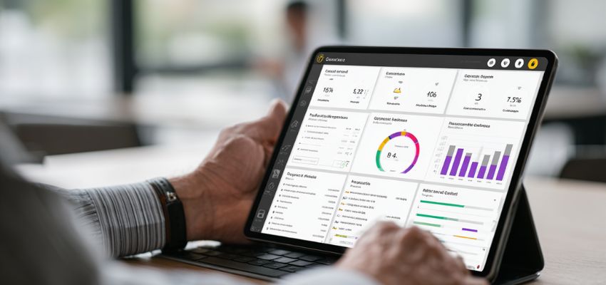 Business professional in a modern office viewing performance metrics and data visualizations on a tablet, representing how an indemnification agreement might be reviewed alongside risk and liability analytics in a professional setting.