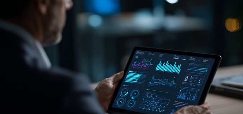 Close-up of a professional in a suit holding a tablet displaying sophisticated legal analytics dashboards, graphs, timelines, and data visualizations in glowing blue tones, showcasing the powerful capabilities of legal AI in analyzing complex case data and predicting outcomes