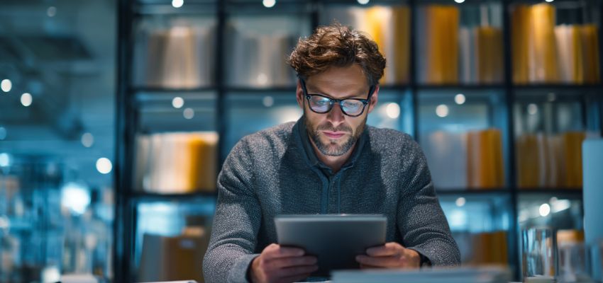 Focused businessman analyzing contract strategies on a digital tablet in modern office