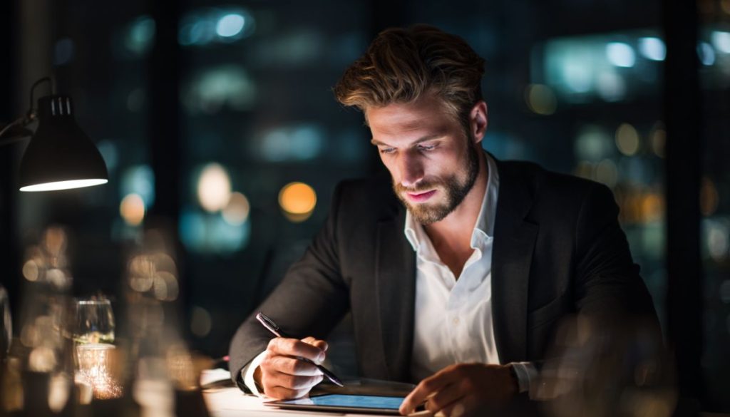 The businessman reviews the contract before signing it.