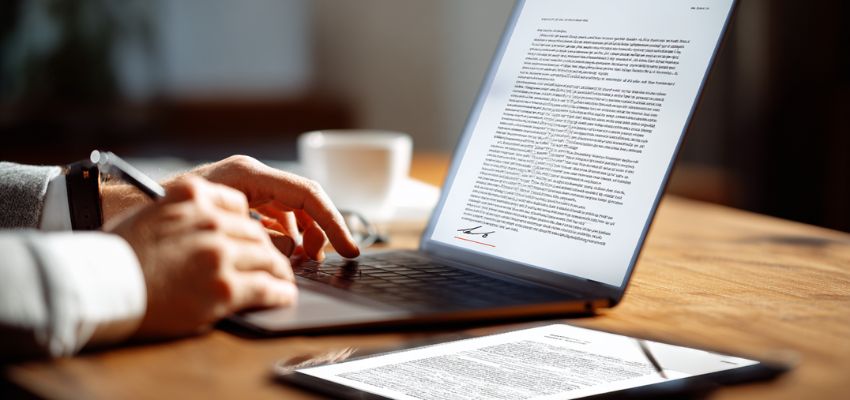 A person signs a digital contract agreement.