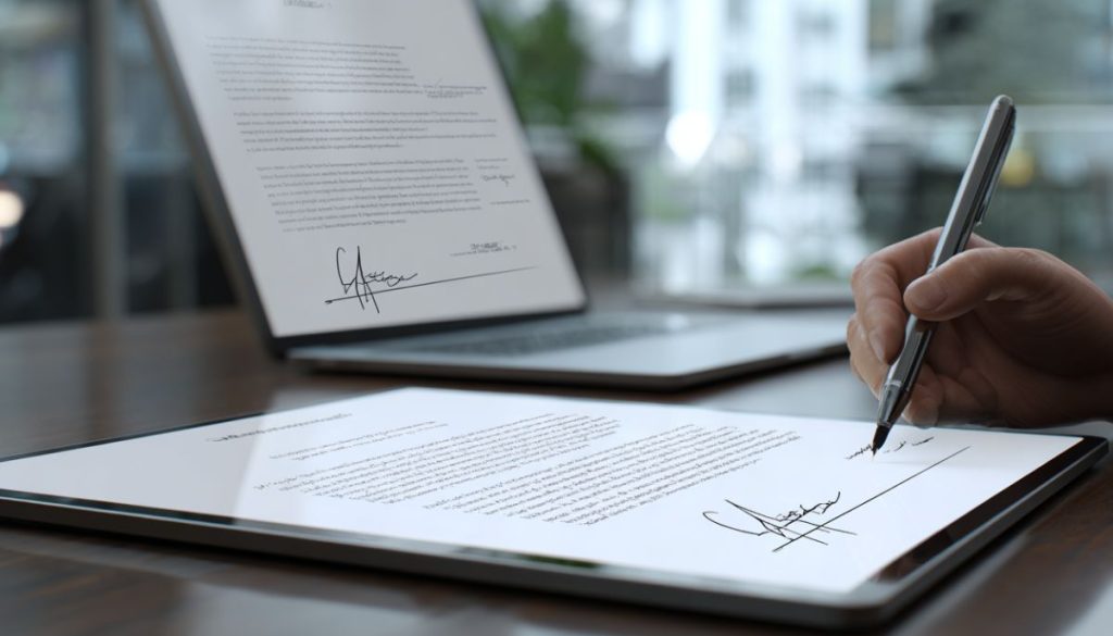 A person signs a contract agreement.