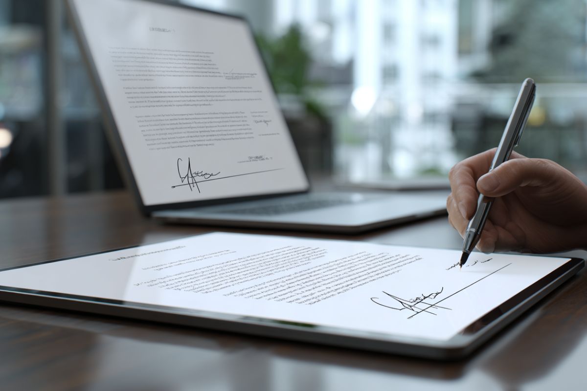 A person signs a contract agreement.